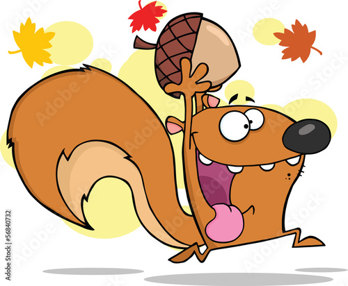 Crazy Squirrel Cartoon Character Running With Acorn