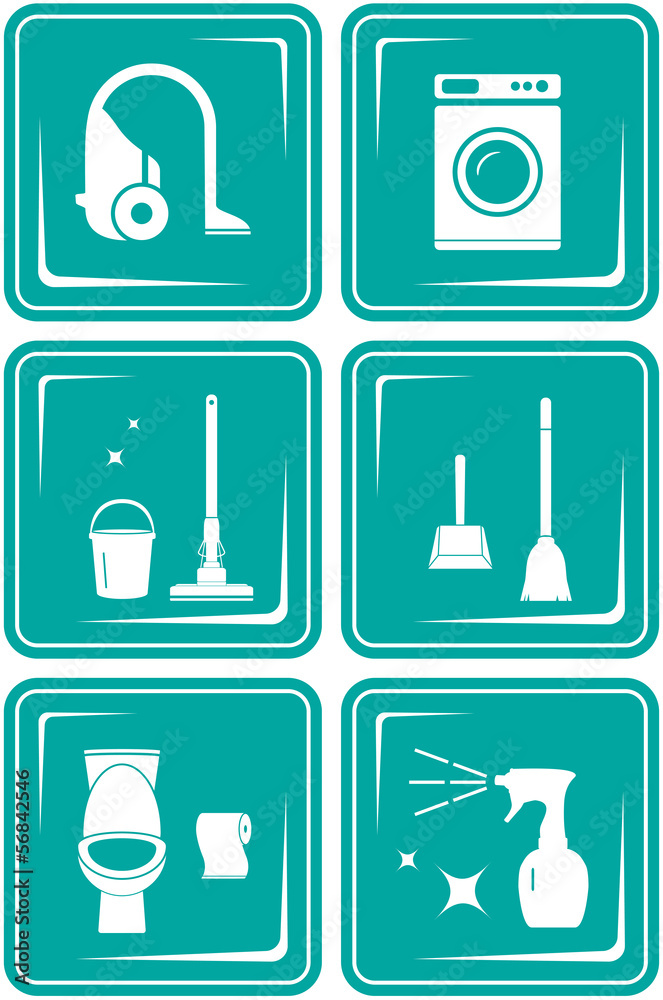 set blue icons with objects for home cleaning set blue icons with objects for home cleaning