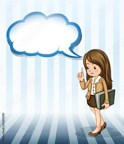 A serious businesswoman holding a binder with an empty cloud tem
