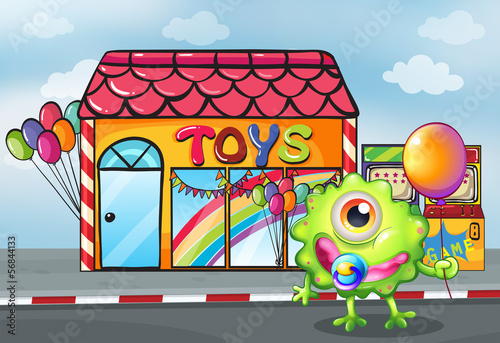 A monster in front of the toy shop