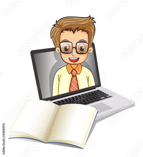A laptop with a smiling man wearing glasses