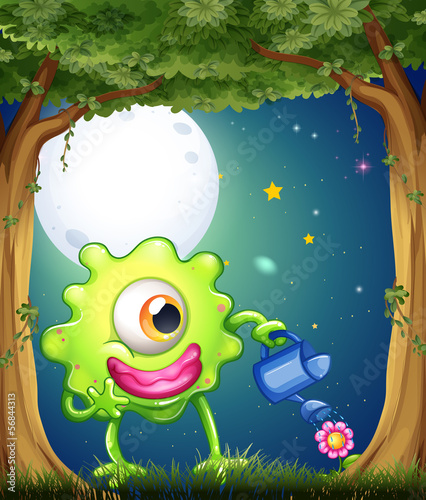 A monster watering the plants in the middle of the night at the