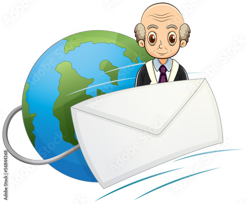 A globe with a bald old man and an envelope