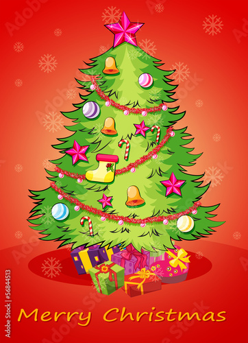 A christmas card with a giant christmas tree with many decoratio