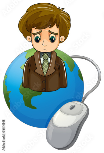 A globe with a frowning businessman and a mouse