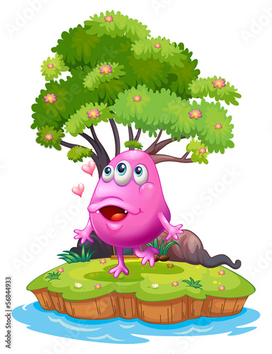 An island with a pink monster near the giant tree