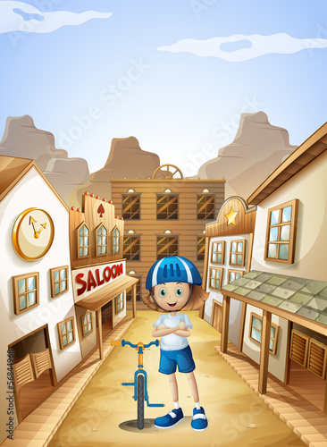 A young girl with a bicycle standing in the middle of the saloon