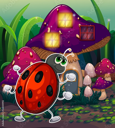 A bug in front of the lighted mushroom house
