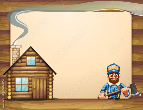 An empty template with a wooden house and a lumberjack with an a