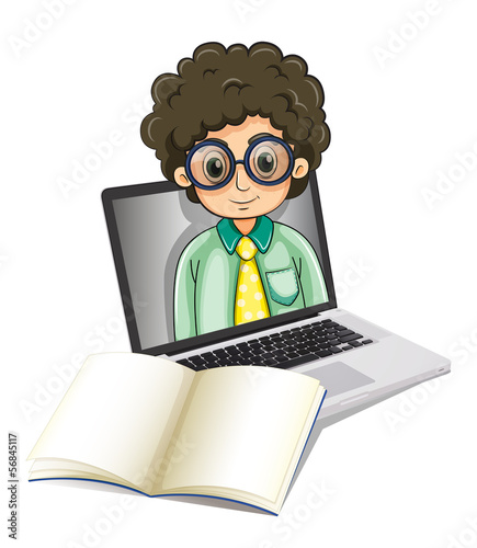 A curly man inside the laptop with an empty paper in front