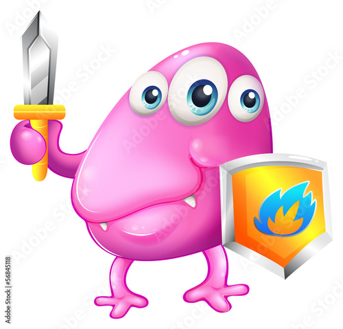 A brave beanie monster with a sword and a shield
