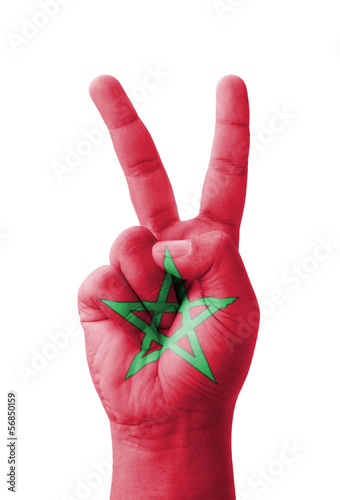 Hand making the V sign, Morocco flag painted
