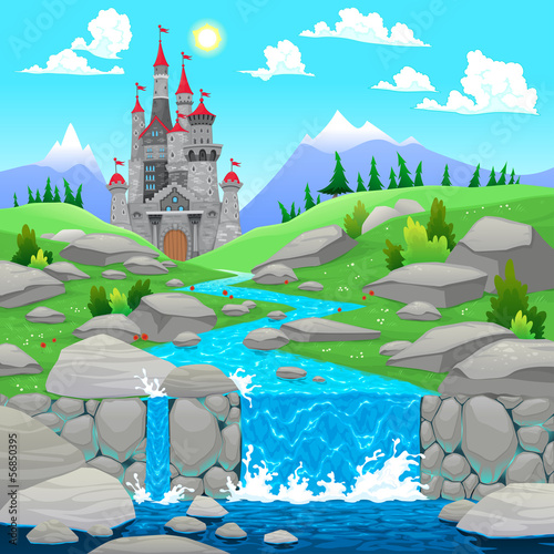 Mountain landscape with river and castle.