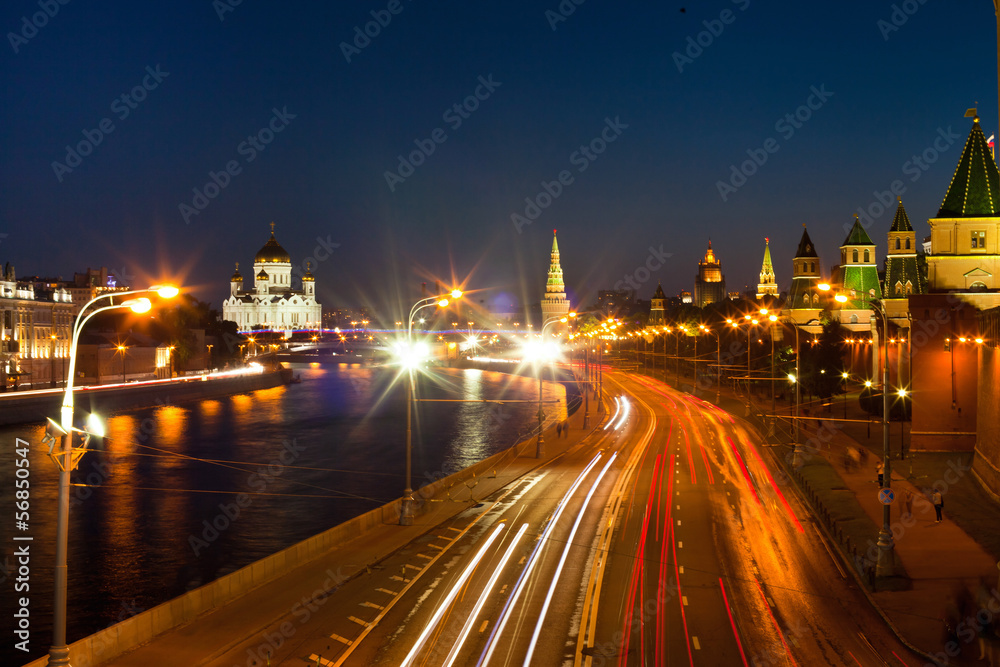night view of Moscow river and traffic, Russia