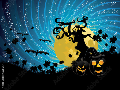 Halloween tree and pumpkins