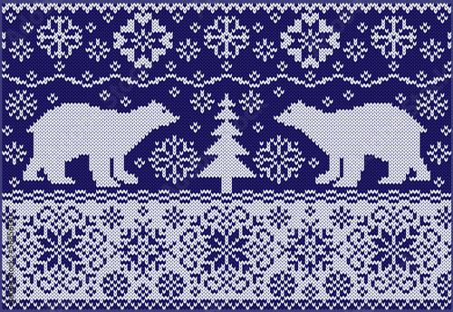 Knitted ornament with white bears. Northern pattern.