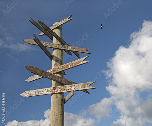 Post with wooden signboard directs to different cities © longtaildog