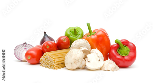 pasta, vegetables and mushrooms on a white background close-up