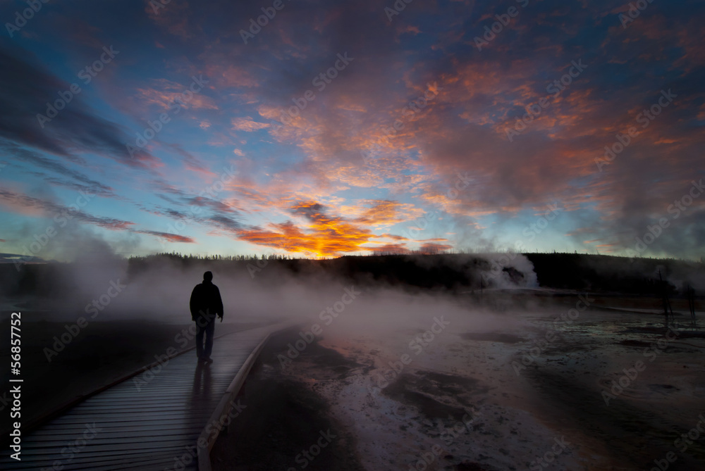 Sunrise Yellowstone Geysers with Man Silhouetted