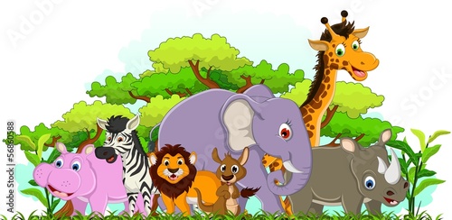 funny animal cartoon with tropical forest background