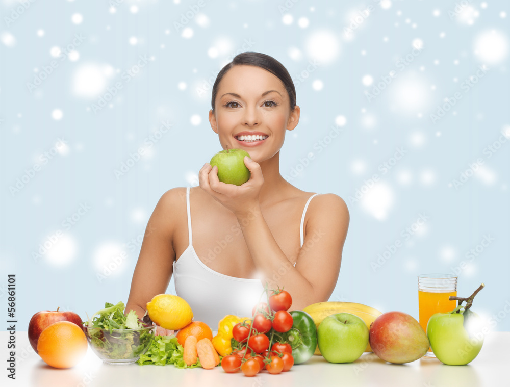 woman with fruits and vegetables woman with fruits and vegetables