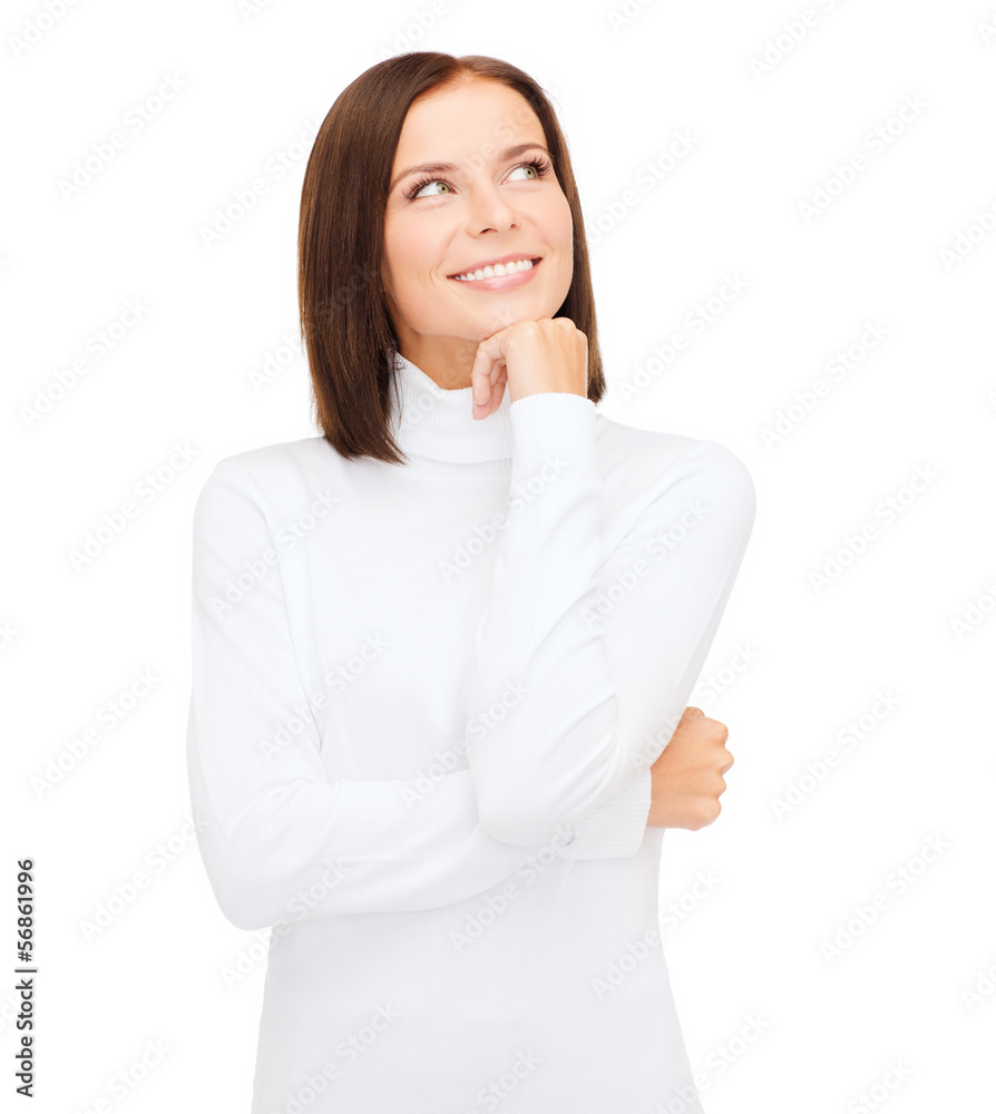 thinking and smiling woman in white sweater thinking and smiling woman in white sweater