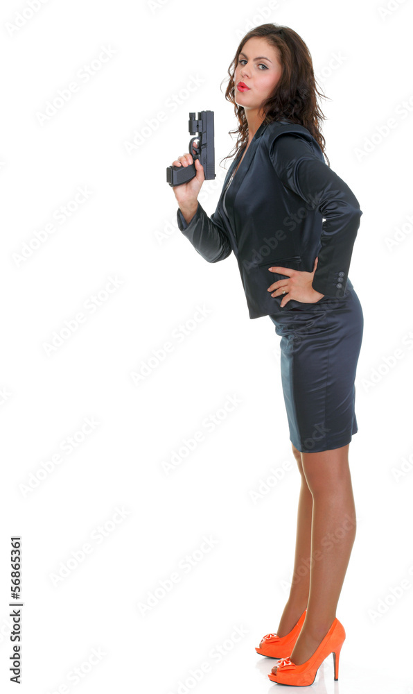 Young brunette woman with gun isolated on white Young brunette woman with gun isolated on white