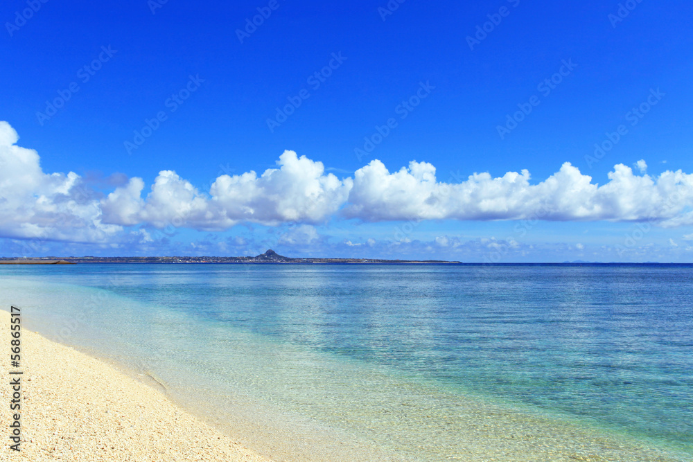 沖縄の美しい砂浜と入道雲