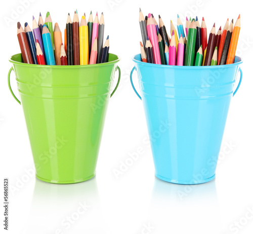 Color buckets with multicolor pencils, isolated on white