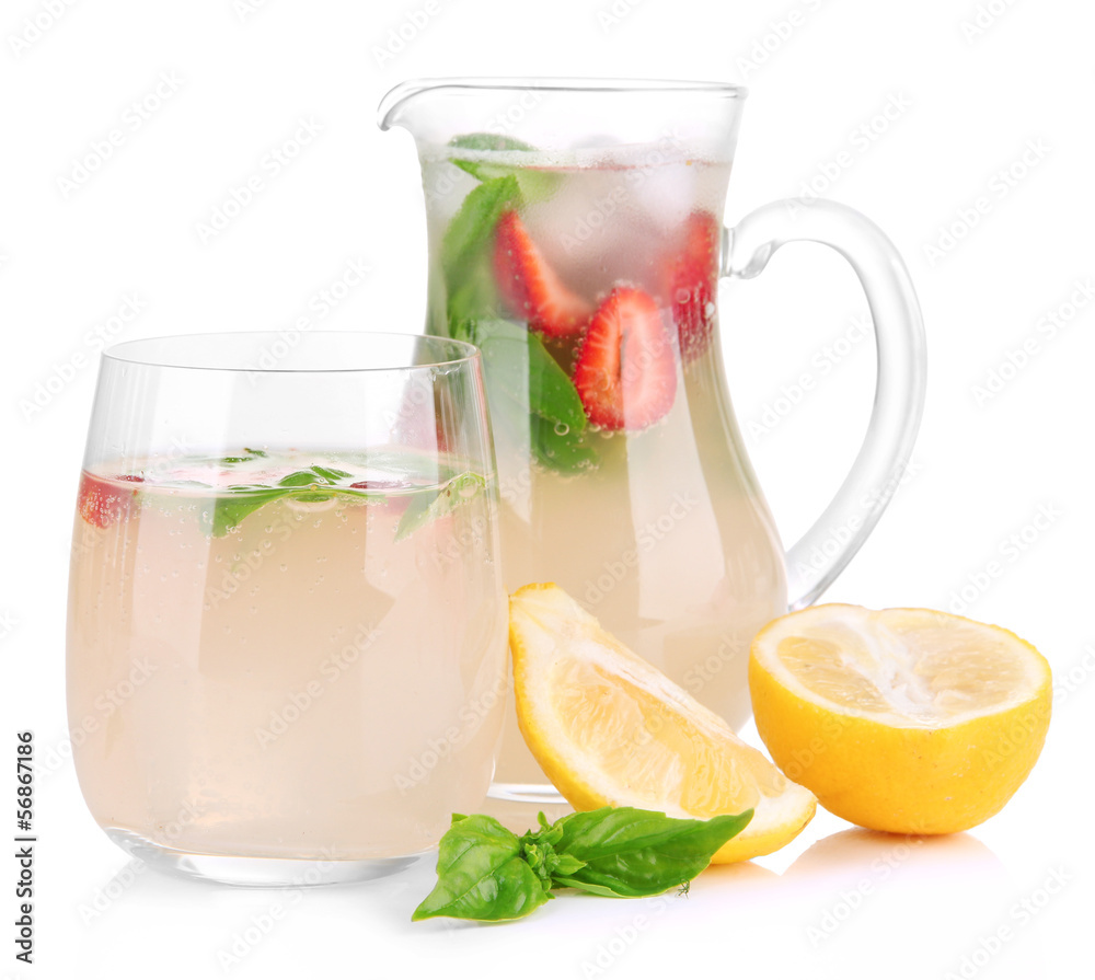 Basil lemonade with strawberry, isolated on white Basil lemonade with strawberry, isolated on white