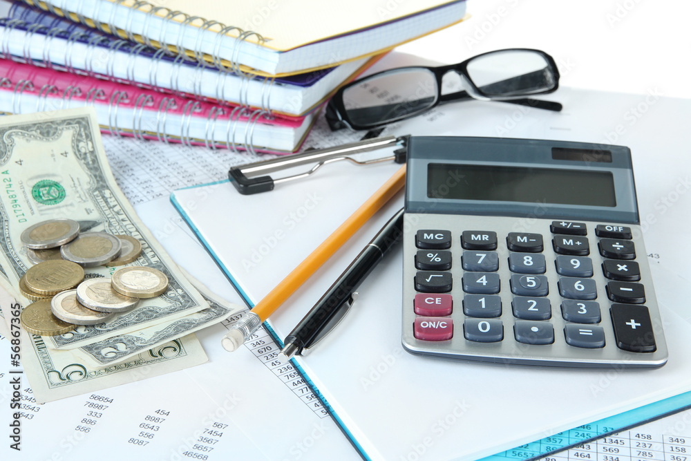 Office supplies with money and documents close up Office supplies with money and documents close up