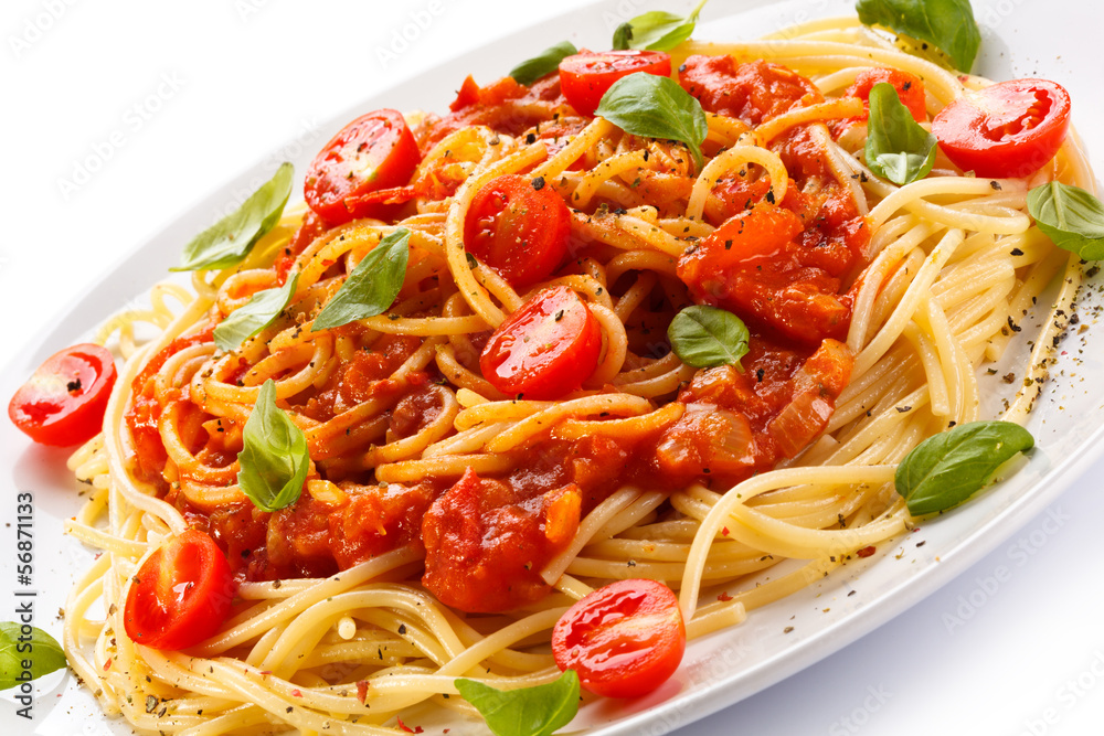 Pasta with meat, tomato sauce, parmesan and vegetables
