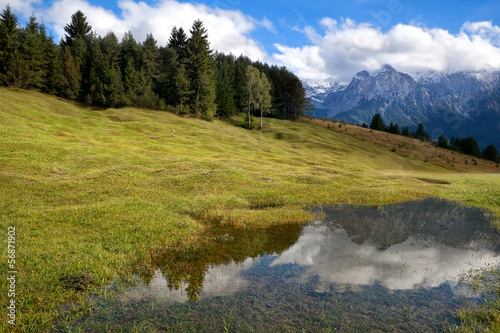 high Alps and blue sky reflected in wild lake