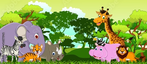 funny animal cartoon with tropical forest background