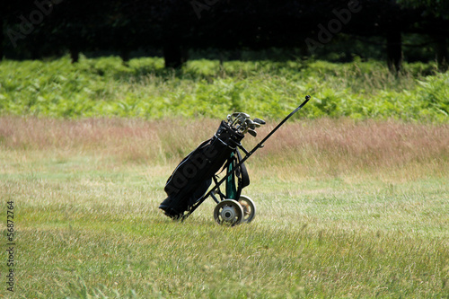 A Single Golf Trolley Standing at the end of a Fairway.