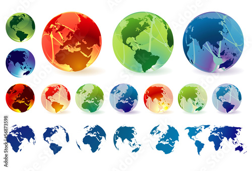 Glossy transparent vector globes and maps.