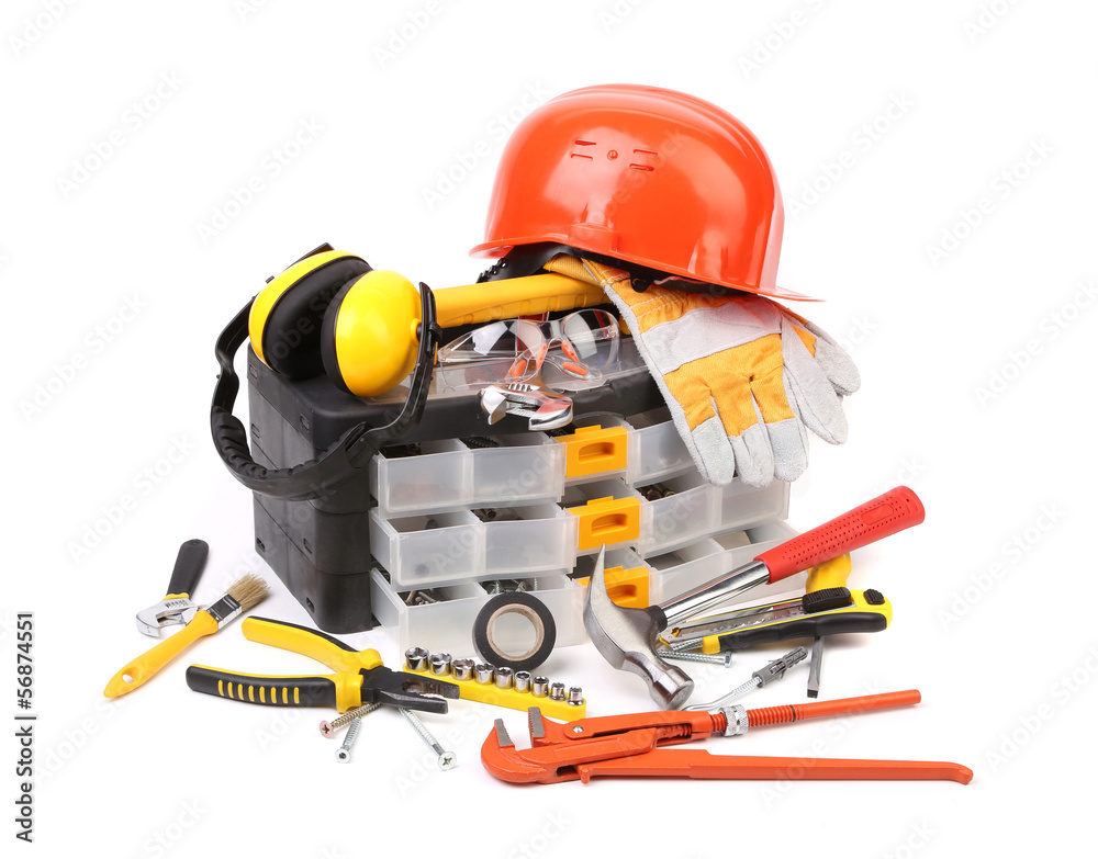 Set of tools and instruments with toolbox. Set of tools and instruments with toolbox.