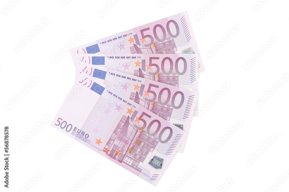 Five hundred euro notes aligned. Five hundred euro notes aligned.