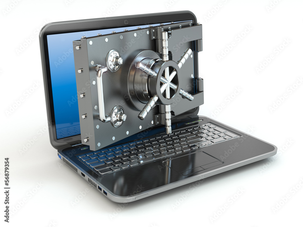 Internet security.Laptop and opening safe deposit box's door. - obrazy, fototapety, plakaty 