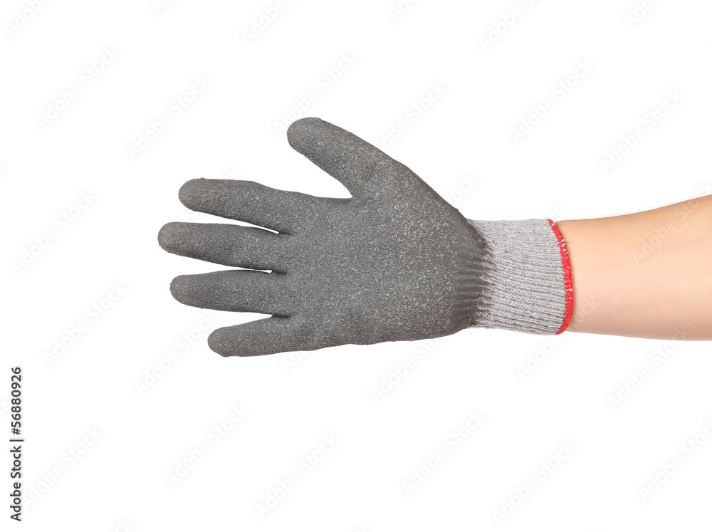 Obraz premium Gray rubber protective glove on hand.
