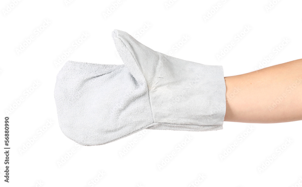White working gauntlet on hand. White working gauntlet on hand.