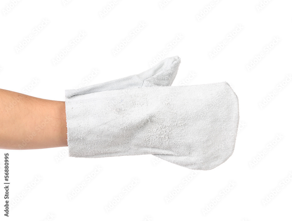White working gauntlet on hand. White working gauntlet on hand.