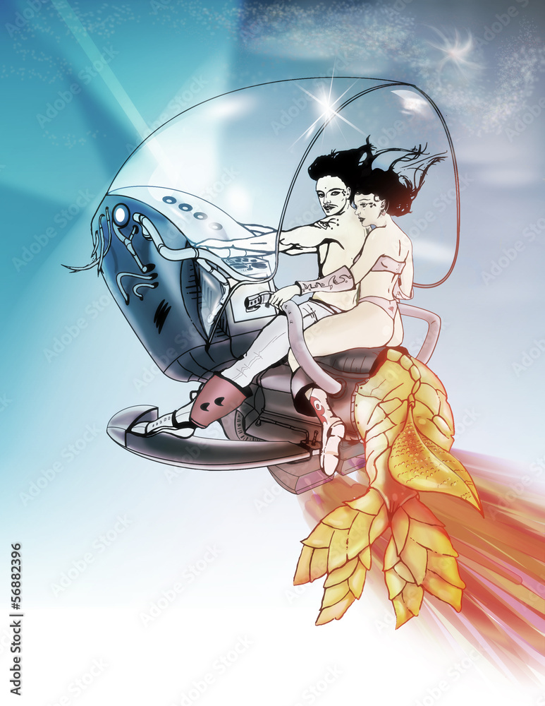 Obraz premium Man and woman on fish-shaped spaceship in outer space