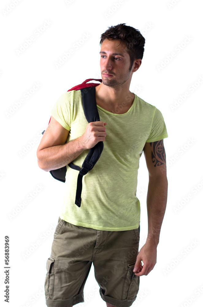Handsome young man with backpack, isolated on white Handsome young man with backpack, isolated on white