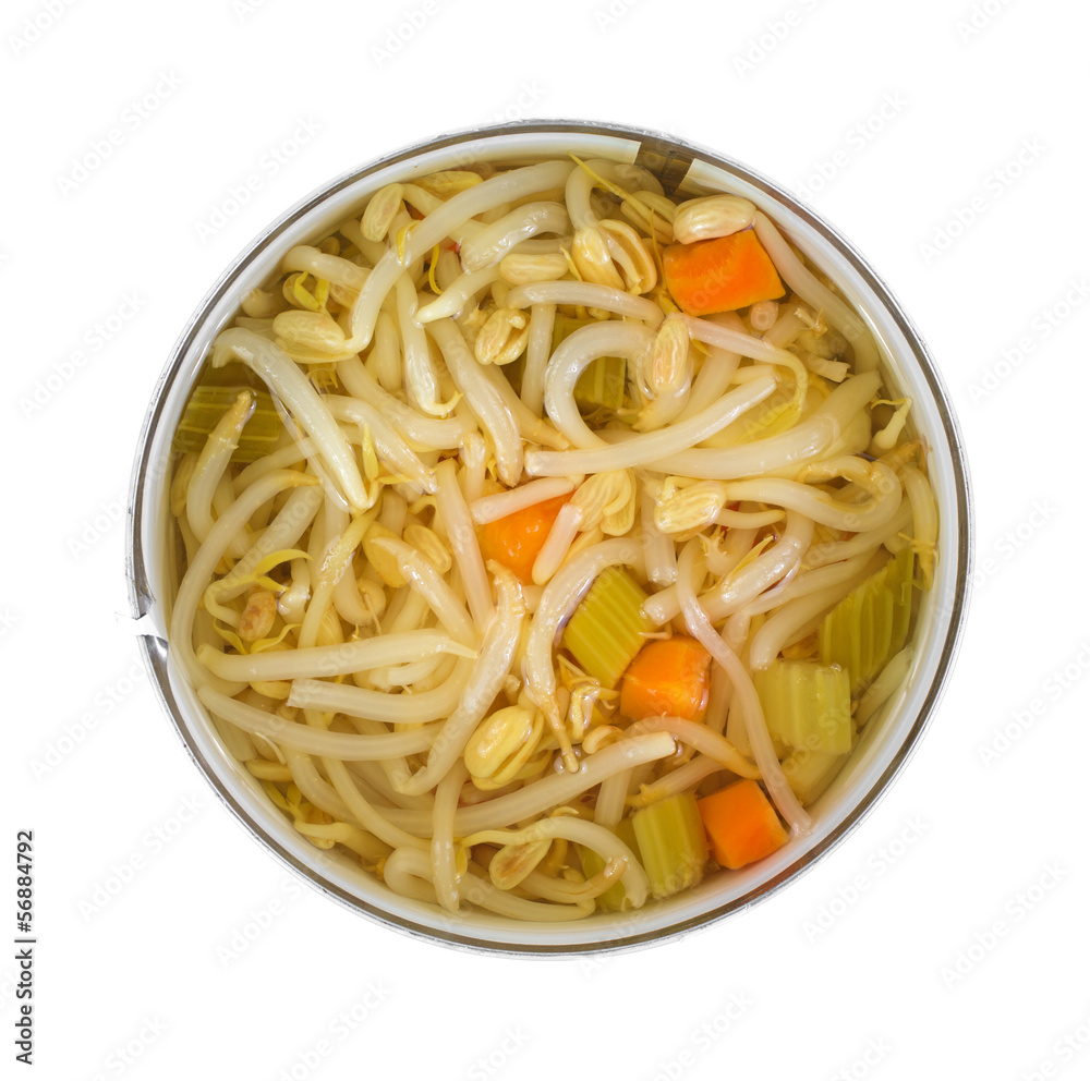 An open can of oriental type vegetables and noodles