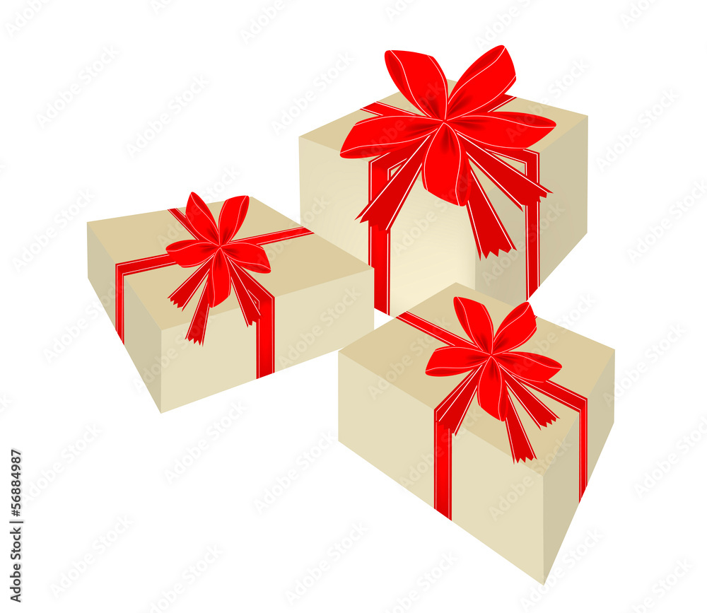 Three Beautiful Gift Boxes with Red Ribbon Three Beautiful Gift Boxes with Red Ribbon