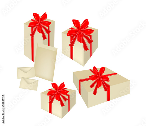 Set of Gift Boxes with Red Ribbon and Cards
