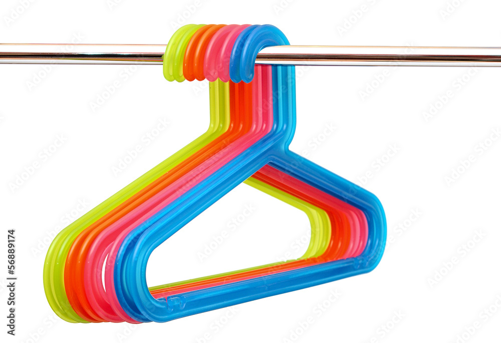 Collection Of Colorful Plastic Hangers On White Stock Photo