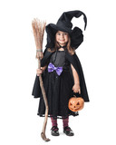 little witch with a broom and pumpkin