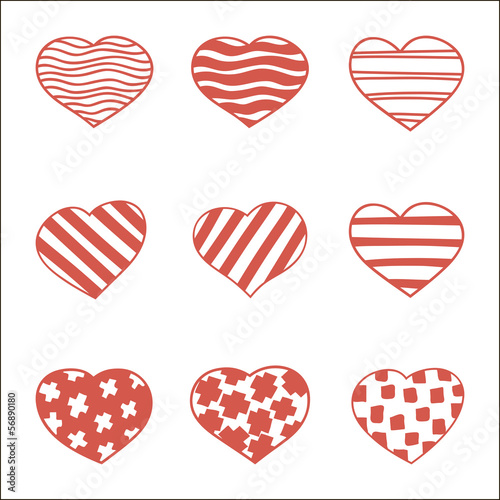 set of nine hand drawn hearts